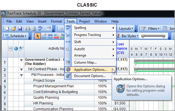FastTrack Schedule 10 Application Options - Classic UI