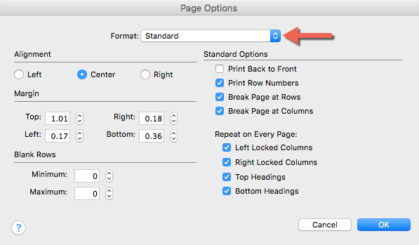 Page Options. Standard Printing is selected