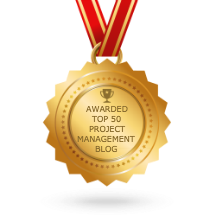 A gold medal with "Awarded Top 50 Project Management Blog" on it