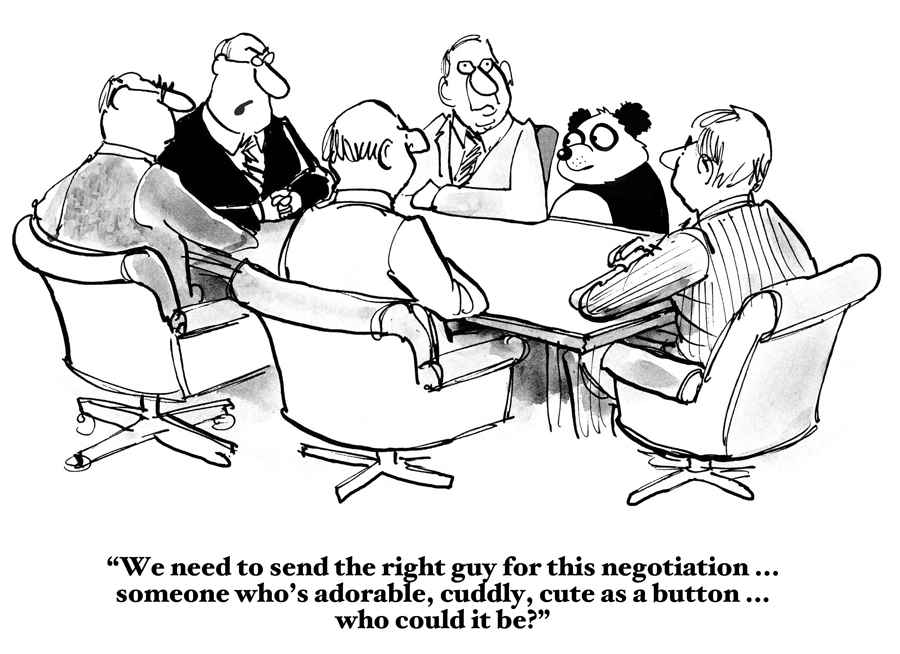 Business cartoon about negotiation. The company needs someone adorable, cuddly and cute for the negotiation: the panda.