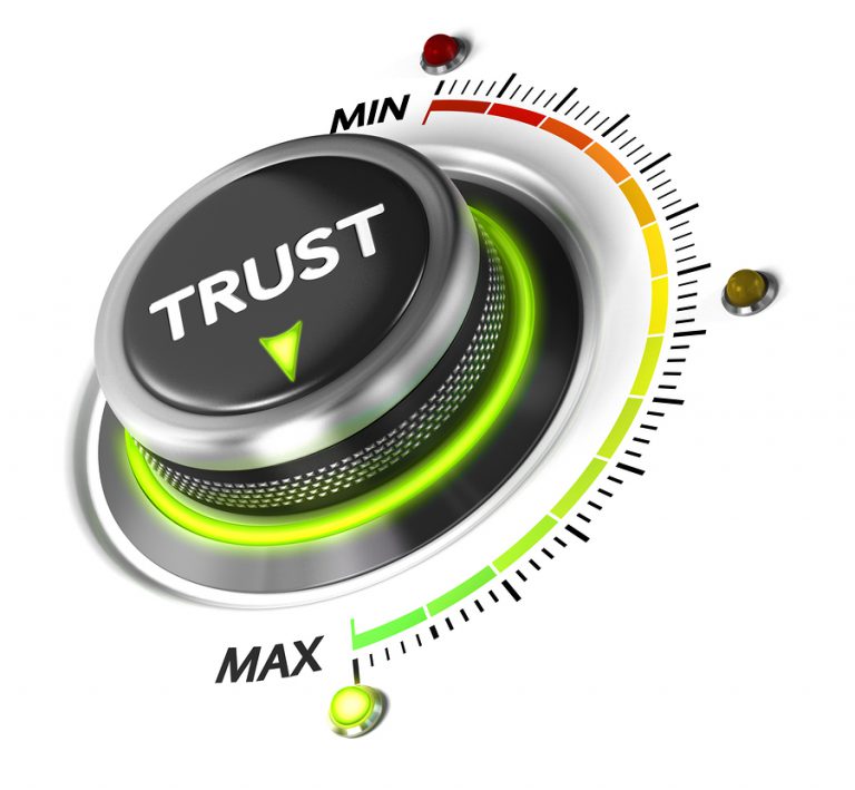 Trust button set on highest position. Concept image for illustration of high confidence level trusted service or review.
