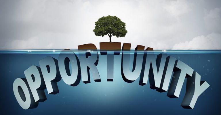 Unknown opportunity concept as three dimensional text hidden underwater with a viral healthy tree growing on a small piece above water as a metaphor for success and motivation to search for hidden opportunities in business and life.