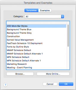 The Templates and Examples Dialogue box with "200 More Bar Styles" selected.