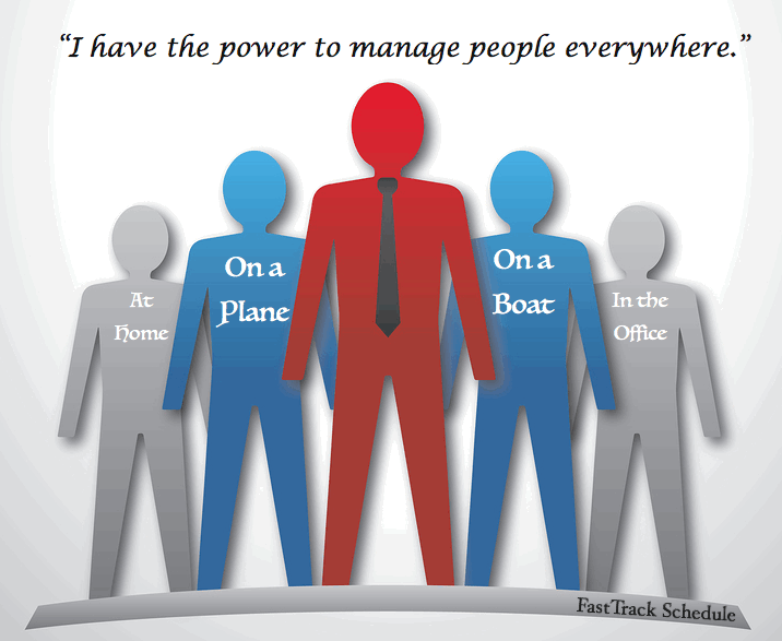 Manager standing in front of employees labeled with different locations. Manager has the power to manage everywhere. FastTrack Schedule
